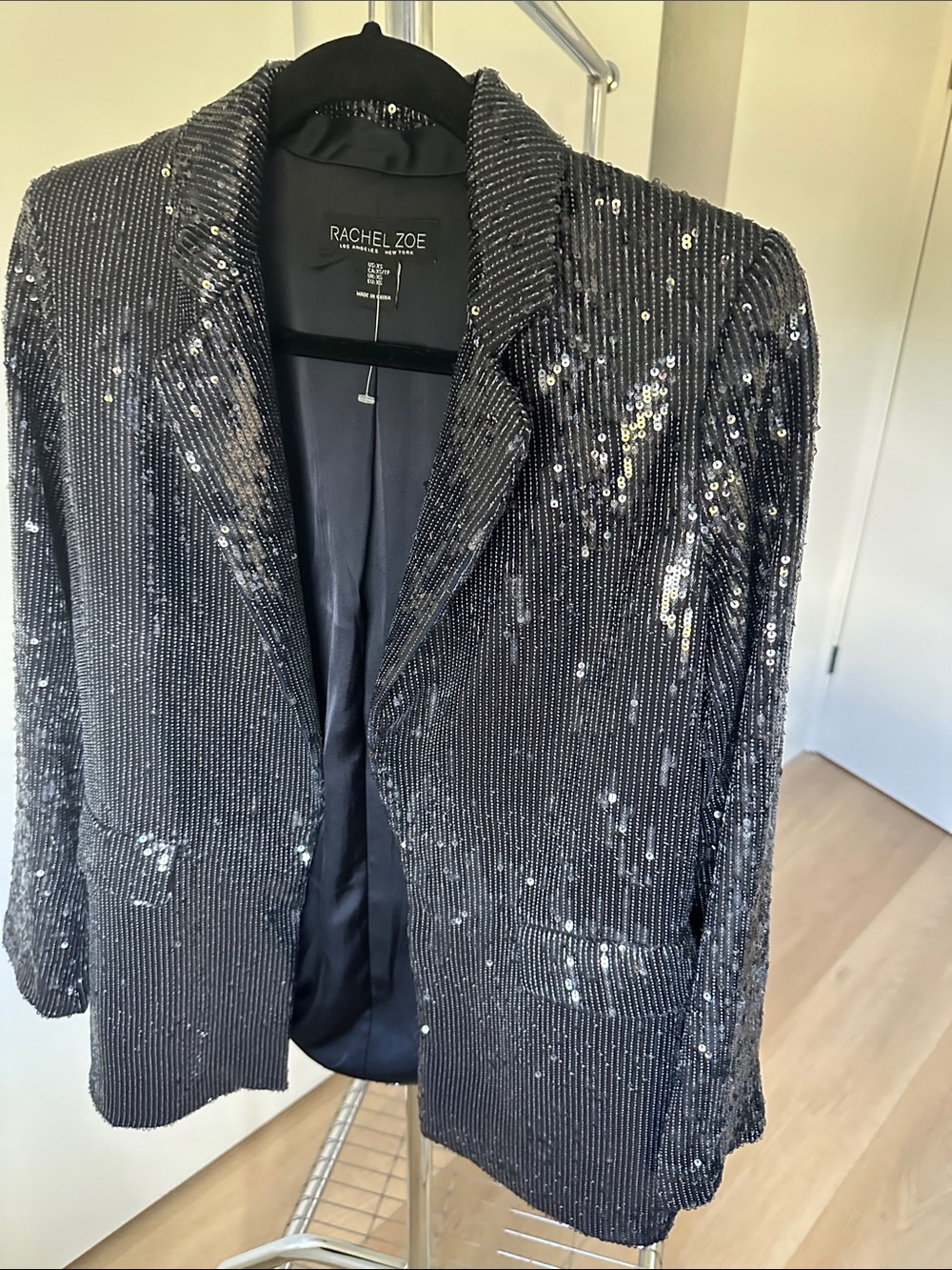 Rachel Zoe Black Sequin Pinstripe Blazer Jacket